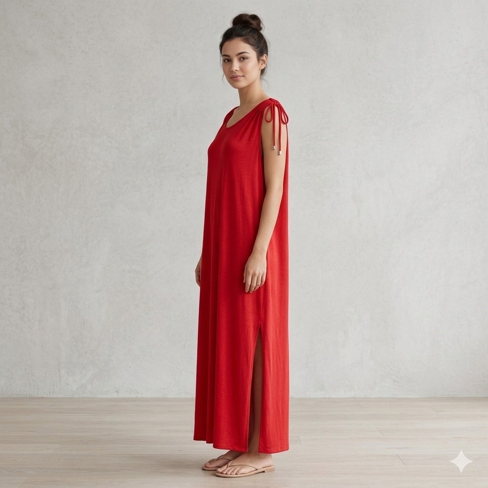 Lauren Ralph Lauren Red Linen Blend Tie Shoulder Maxi Dress Plus Size 2X